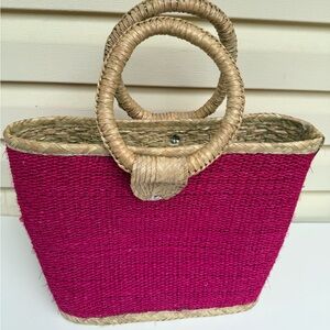 Handmade Hot Pink Straw Accent Oval Bolga Basket Tote, round straw handles